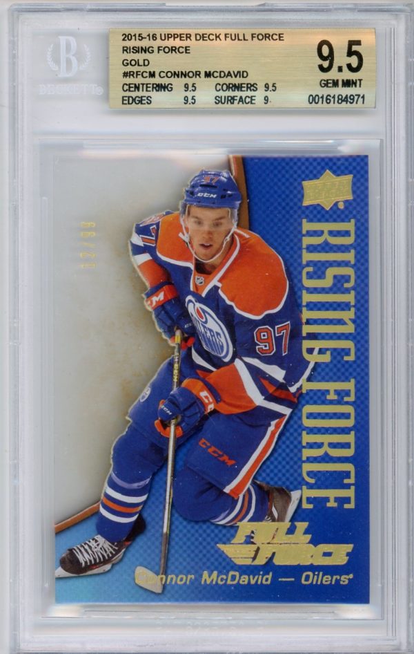 Connor McDavid 2015-16 Upper Deck Full Force Rising Force Gold 12/99 RC #RF-CM BGS 9.5 Gem Mint