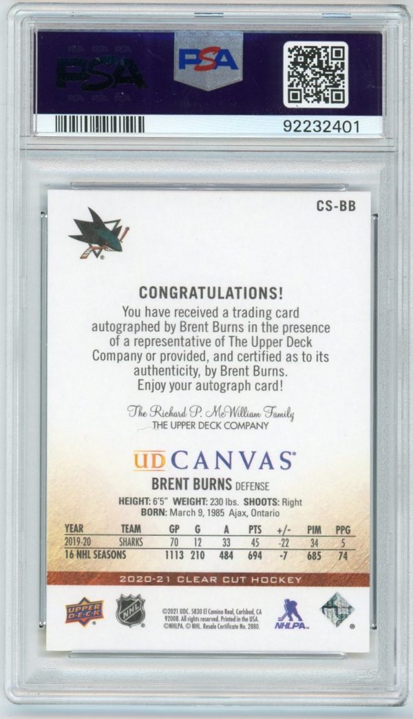 Brent Burns 2020-21 Clear Cut Canvas Gold Auto 1/1 #CS-BB PSA 10