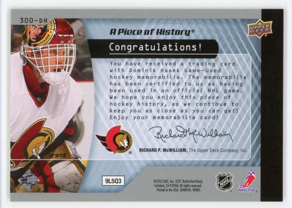 Dominik Hasek 2012-13 Upper Deck A Piece of History Jersey Card #300-DH