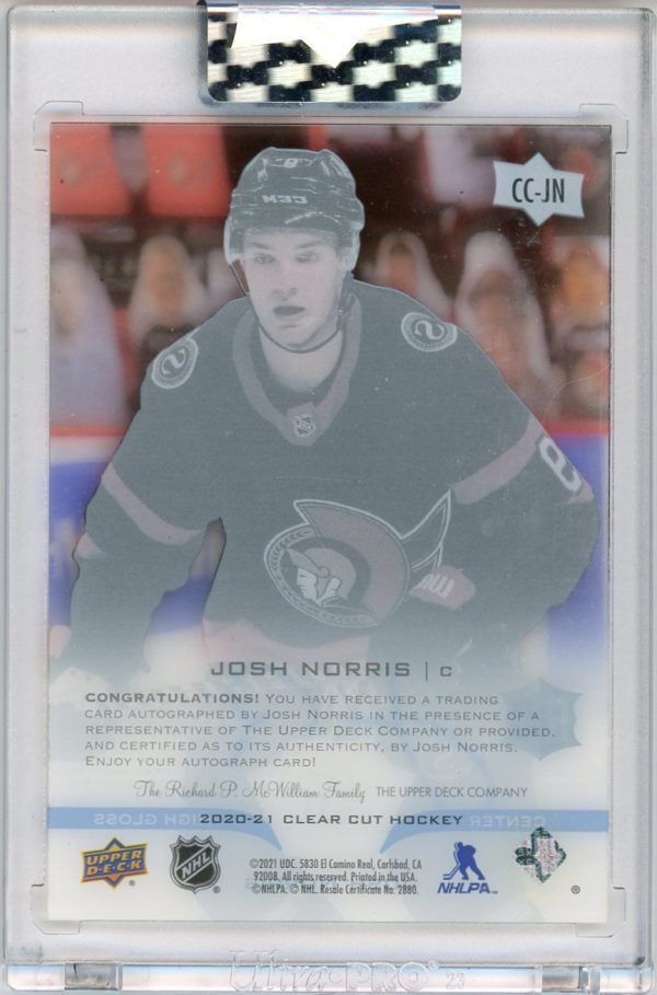 Josh Norris 2020-21 Clear Cut High Gloss Rookie Auto 01/10 #CC-JN