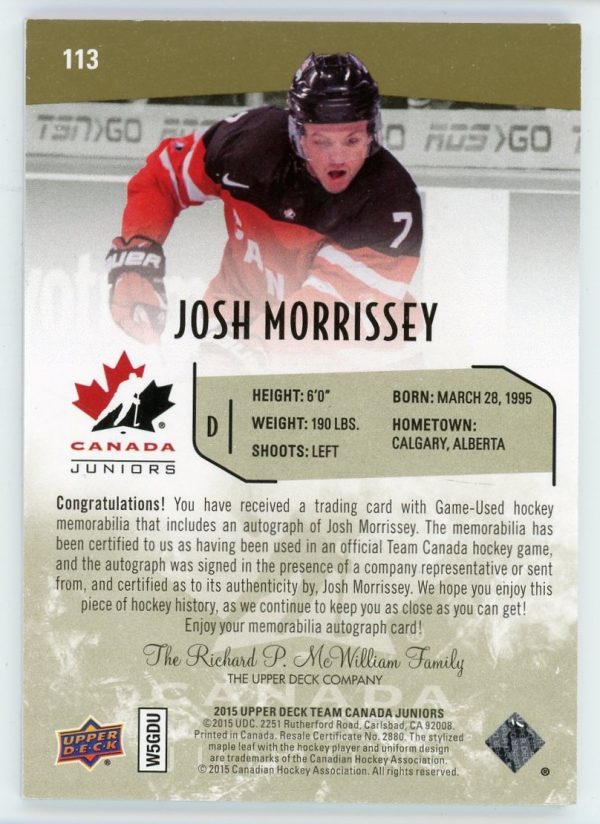 Josh Morrissey 2015 UD Team Canada Juniors Patch Auto /199 #113