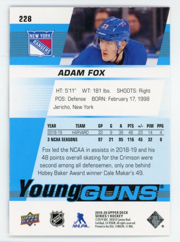 Adam Fox 2019-20 Upper Deck Young Guns Rookie Card #228