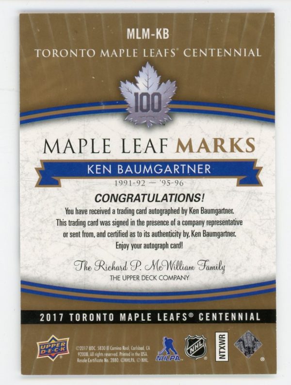 Ken Baumgartner 2017 Maple Leaf Centennial Maple Leaf Marks Auto