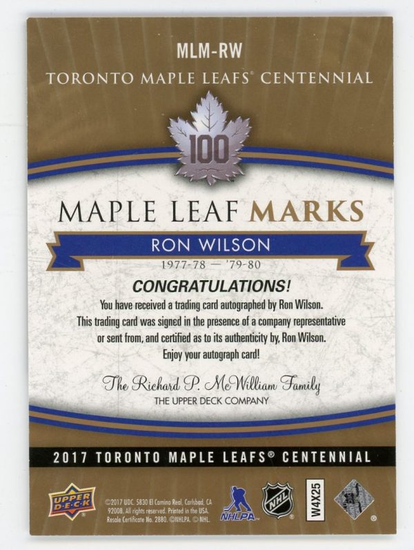 Ron Wilson 2017 Maple Leaf Centennial Maple Leaf Marks Auto #MLM-RW