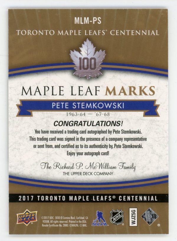 Pete Stemkowski 2017 Maple Leaf Centennial Maple Leaf Marks Auto #MLM-PS