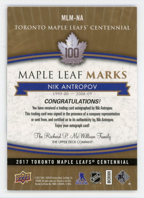 Nik Antropov 2017 Maple Leaf Centennial Maple Leaf Marks Auto #MLM-NA