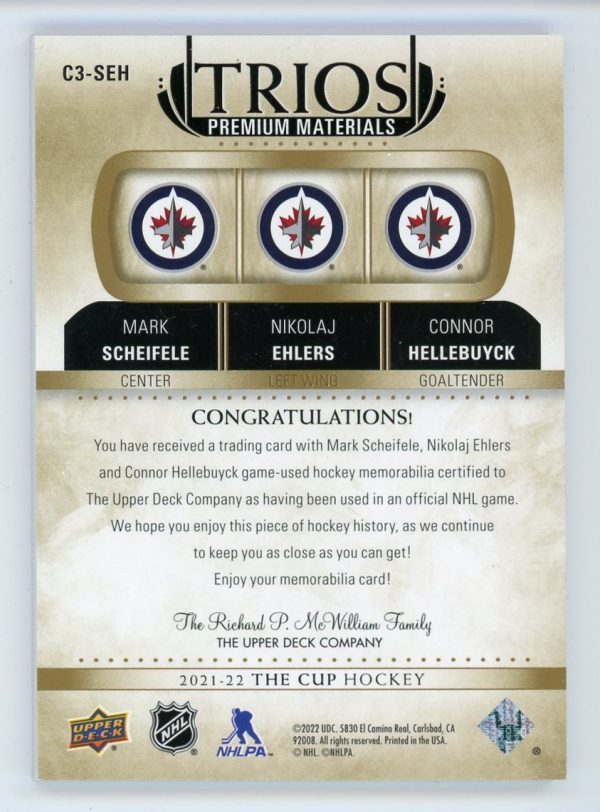 Hellebuyck/Scheifele/Ehlers 2021-22 The Cup Trios Patch 09/10 #C3-SEH