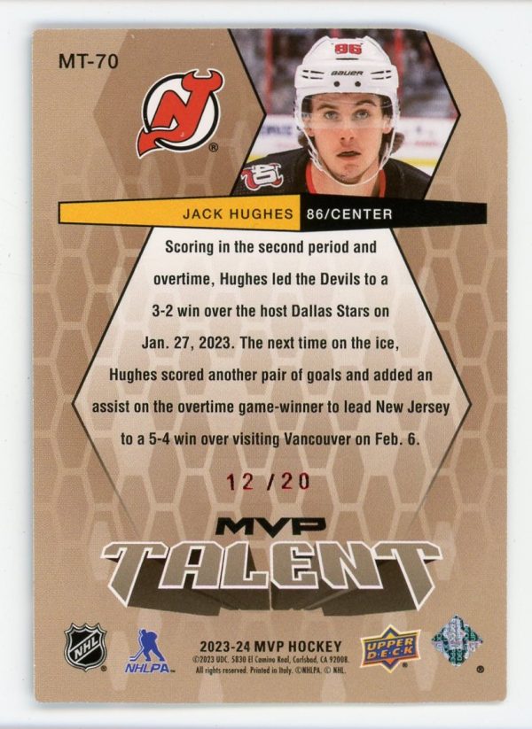 Jack Hughes 2023-24 Upper Deck MVP Talent Die Cut 12/20 #MT-70 SP