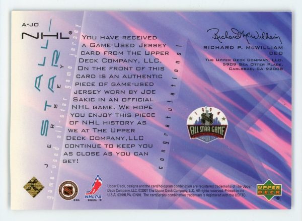 Joe Sakic 2000-01 Upper Deck All-Star Game Used Jersey Card #A-JO