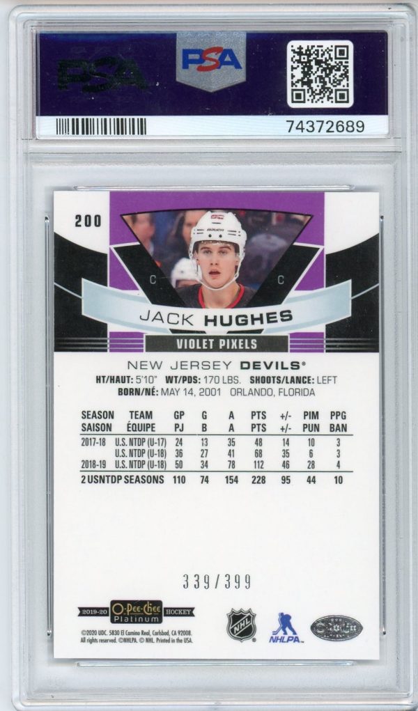 Jack Hughes 2019-20 OPC Platinum Marquee Rookies Violet Pixels /399 #200 PSA 10