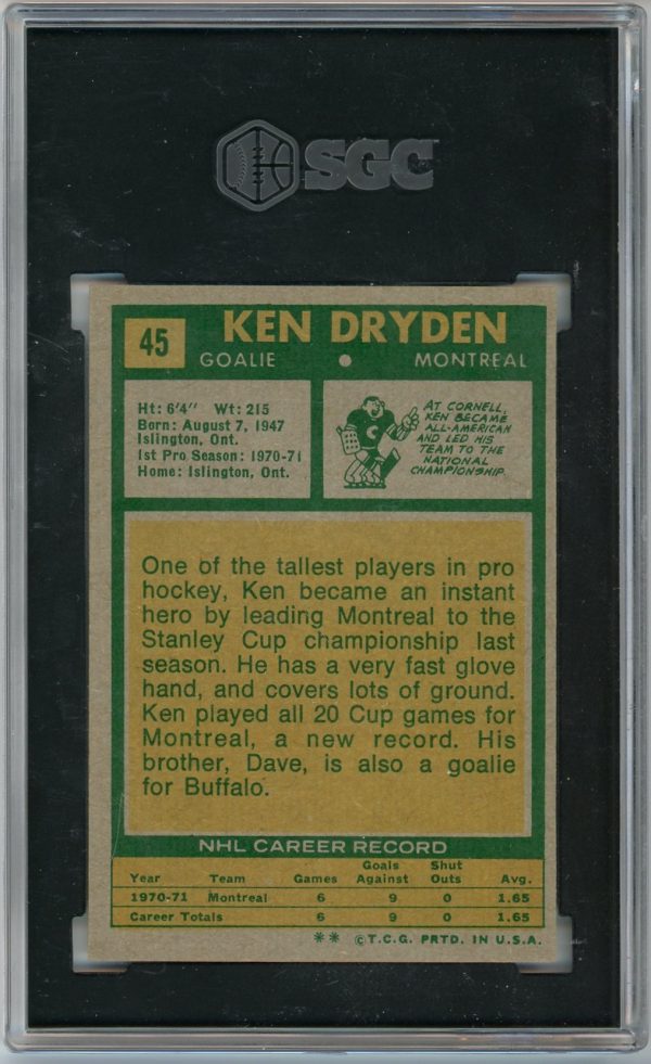 Ken Dryden 1971-72 Topps Rookie Card #45 SGC 4 VG-EX