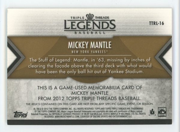 Mickey Mantle 2012 Topps Triple Threads Legends Bat Relic 4/9 #TTRL-16