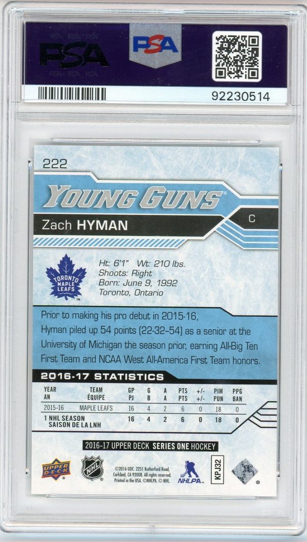 2016-17 UD Zach Hyman Young Guns RC PSA Authentic Auto Grade 9