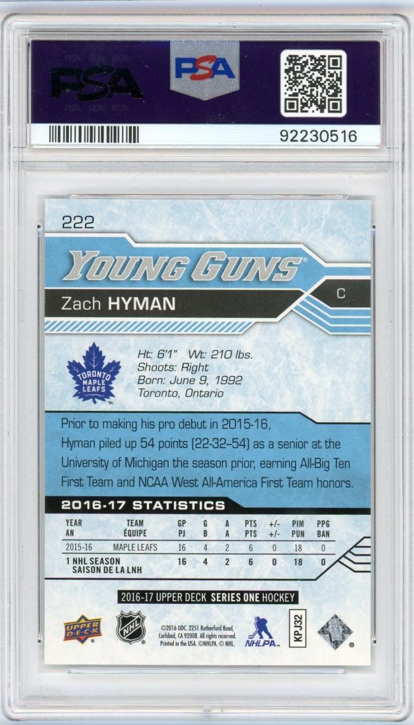 2016-17 UD Zach Hyman Young Guns RC PSA Authentic Auto Grade 10 A