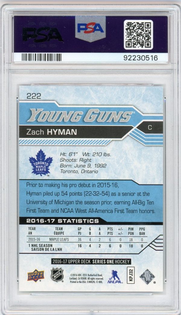 2016-17 UD Zach Hyman Young Guns RC PSA Authentic Auto Grade 10 B