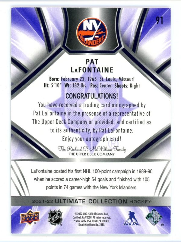 Pat LaFontaine 2021-22 Ultimate Collection Purple 1/5 Auto #91 SP