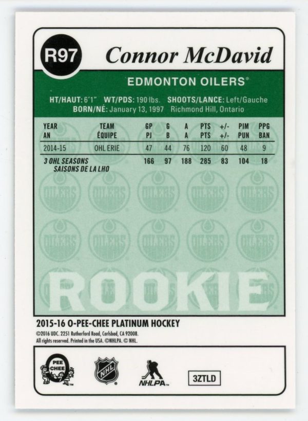 Connor McDavid 2015-16 OPC Platinum Retro Rookie Card #R-97