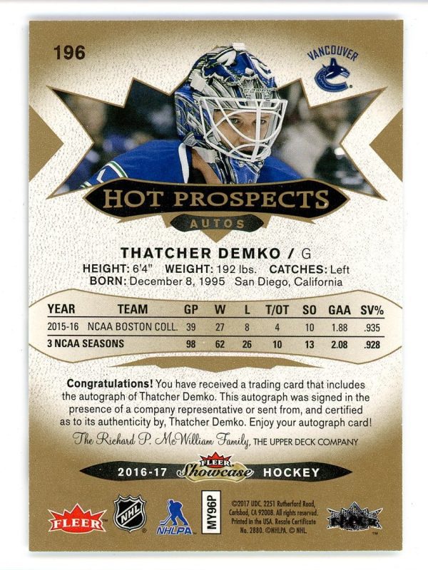 Thatcher Demko 2016-17 Fleer Showcase Hot Prospects Auto 349/499 #196