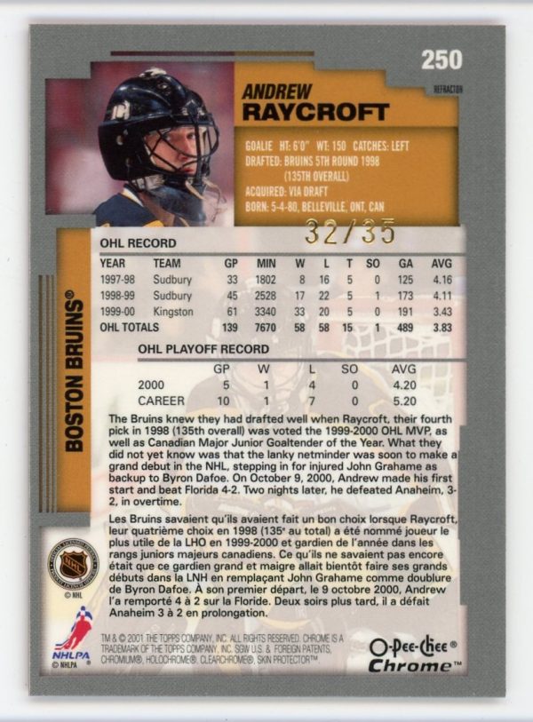 Andrew Raycroft 2000-01 O-Pee-Chee Chrome Refractor 32/35 RC #250