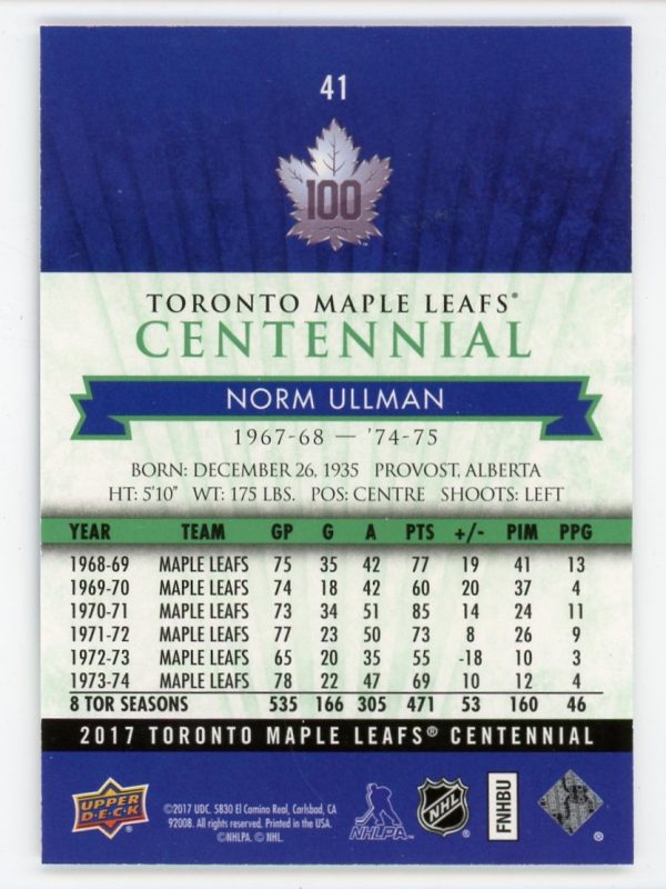 Norm Ullman 2017 Toronto Maple Leafs Centennial Emerald /25 #41