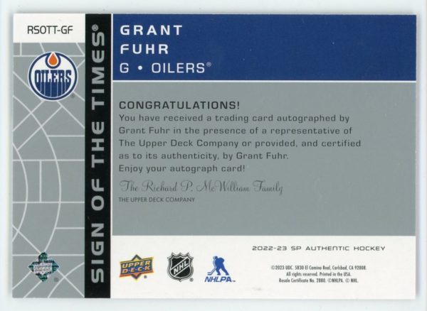 Grant Fuhr 2022-23 SP Authentic Retro Sign Of The Times Auto #RSOTT-GF