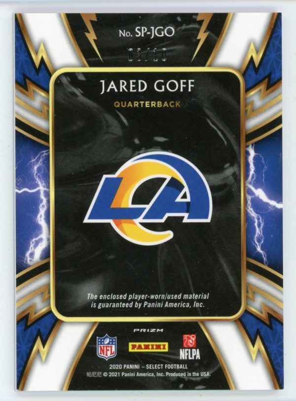 Jared Goff 2020 Panini Select Gold Prizm Patch 03/10 #SP-JGO