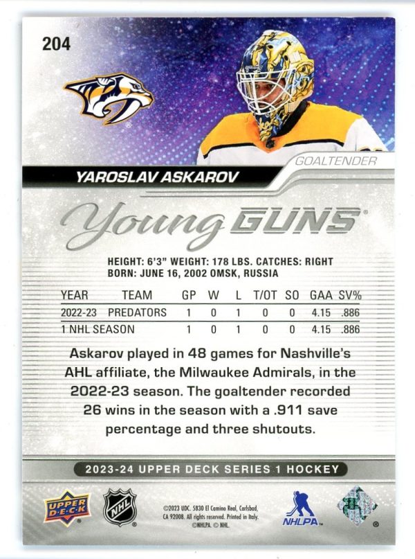 Yaroslav Askarov 2023-24 Upper Deck Young Guns RC #204