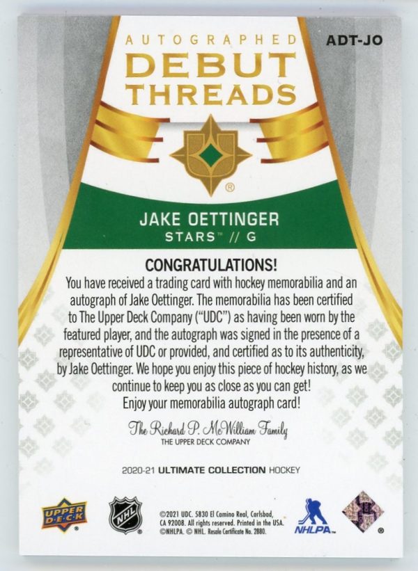 Jake Oettinger 2020-21 Upper Deck Ultimate Debut Threads Auto 42/99 RC #ADT-JO