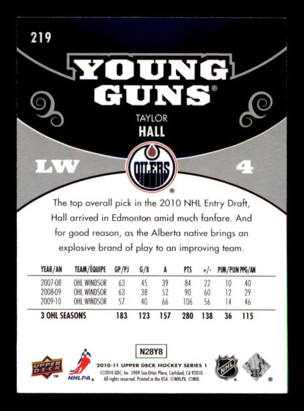 Taylor Hall Edmonton Oilers Upper deck 2010-11 Young Guns Rookie Card #219