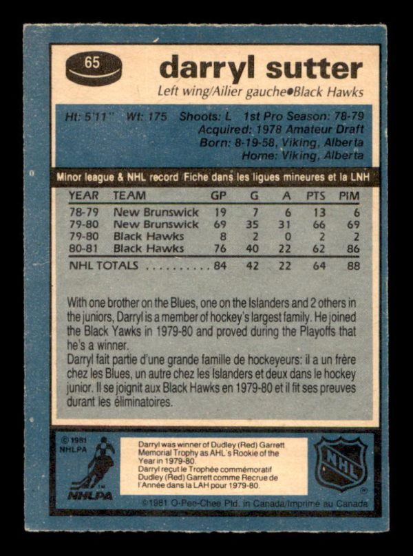 Darryl Sutter Blackhawks OPC 1982 Card#65