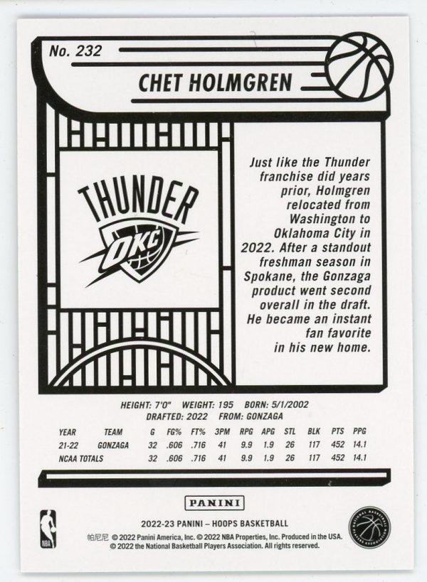 Chet Holmgren 2022-23 Panini NBA Hoops Silver 101/199 RC #232