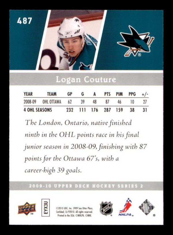 Logan Couture Sharks UD 2009-10 Young Guns Rookie #487
