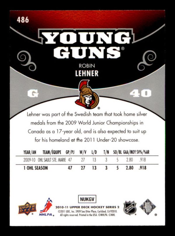 Robin Lehner Senators UD 2010-11 Young Guns Rookie #486