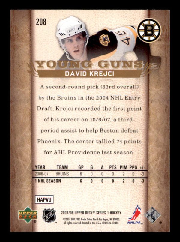 David Krejci Bruins UD 2007-08 Young Guns Rookie #208