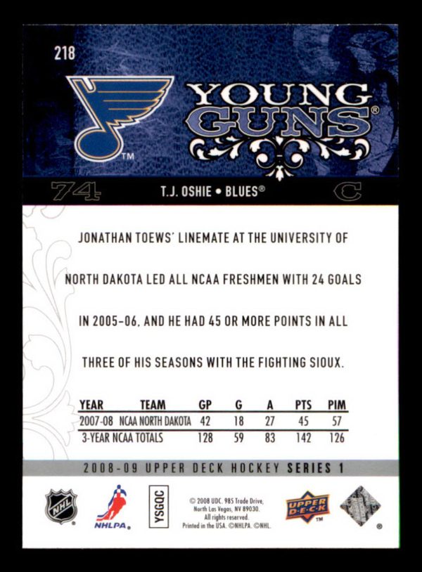 TJ Oshie Blues UD 2008-09 Young Guns Rookie #218