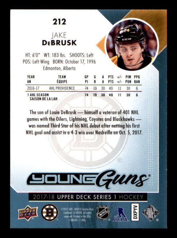 Jake DeBrusk Bruins UD 2017-18 Young Guns Rookie #212