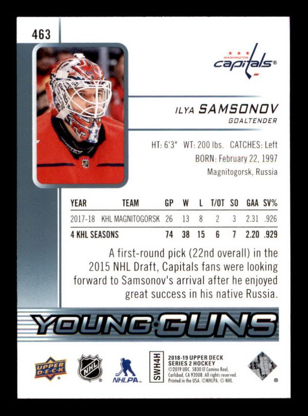 Ilya Samsonov Capitals UD 2018-19 Young Guns Rookie #463