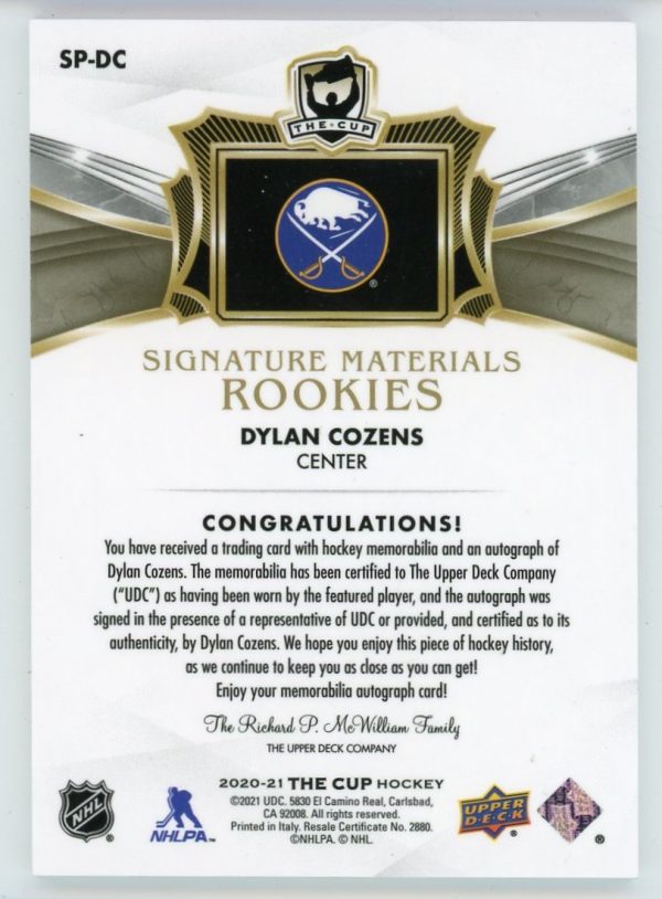 Dylan Cozens 2020-21 UD The Cup Signature Materials RPA 09/99 #SP-DC