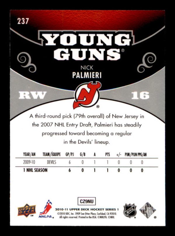 Nick Palmieri Devils UD 2010-11 Young Guns Rookie Card#237