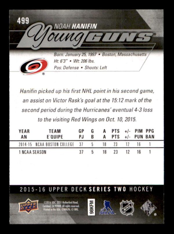 Noah Hanifin Hurricanes UD 2015-16 Young Guns Card#499