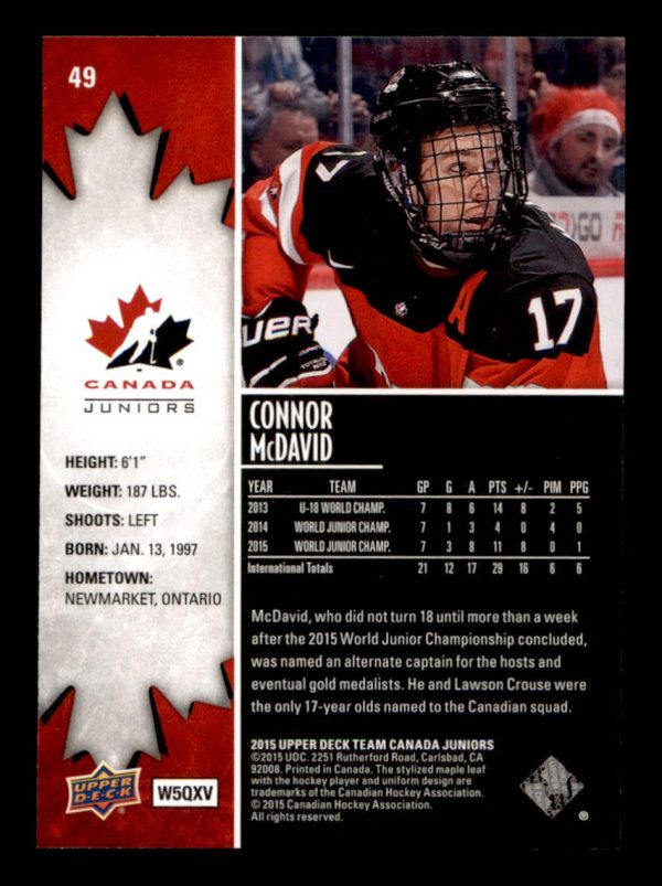 Connor McDavid Canada Juniors UD 2016 Card#49