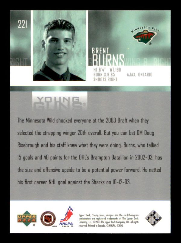Brent Burns Wild UD 2003-04 Young Guns Card#221