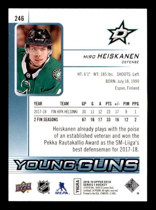 Miro Heiskanen Stars UD 2018-19 Young Guns Card#246