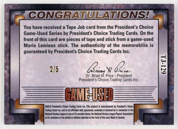 Mario Lemieux 2019 President's Choice Game Used Stick/Tape Job 2/5