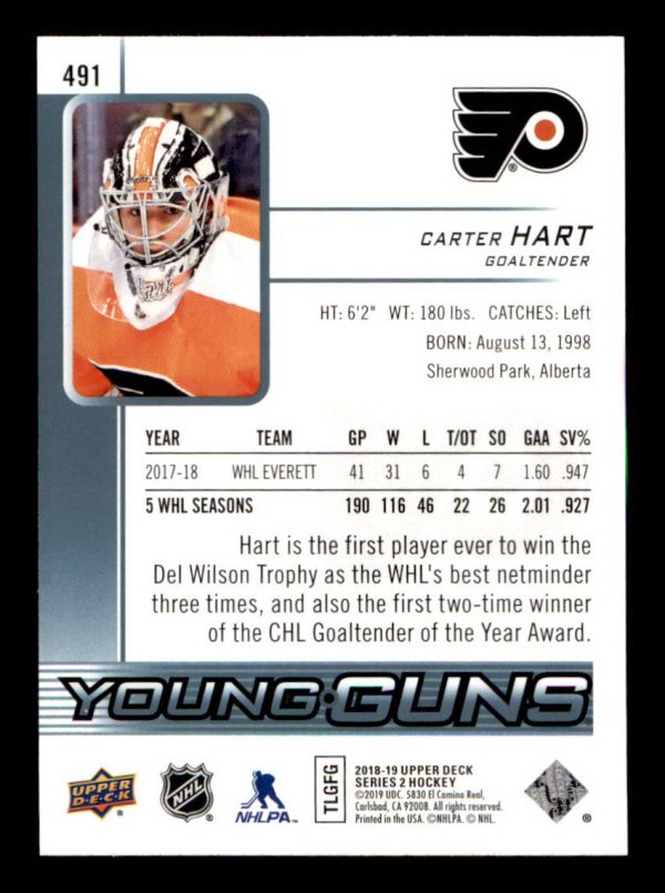 Carter Hart Flyers UD 2018-19 Young Guns Rookie Card #491