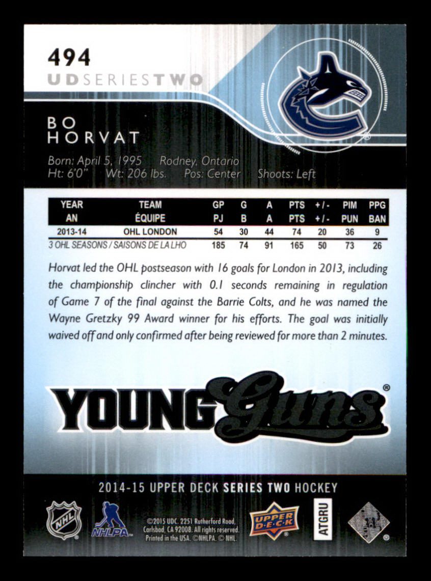 Bo Horvat Canucks 2014-15 UD Young Guns Card #494 | Froggers House of Cards