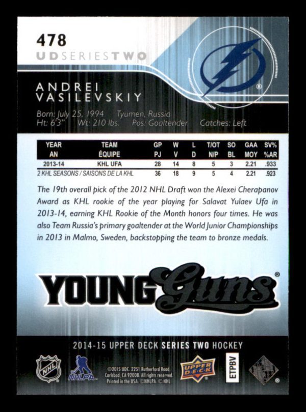 Andrei Vasilevskiy Lightning UD 2014-15 Young Guns Rookie Card #478