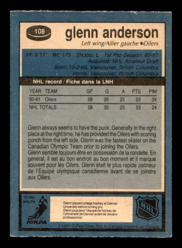 Glenn Anderson Oilers OPC 1981-82 Card #108