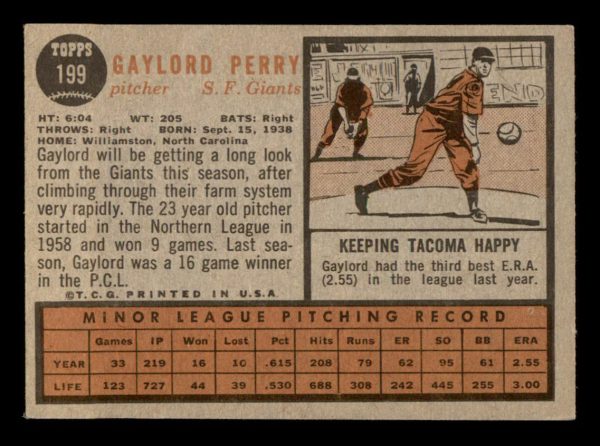 Gaylord Perry Giants Topps 1962 Vintage Rookie Card#199