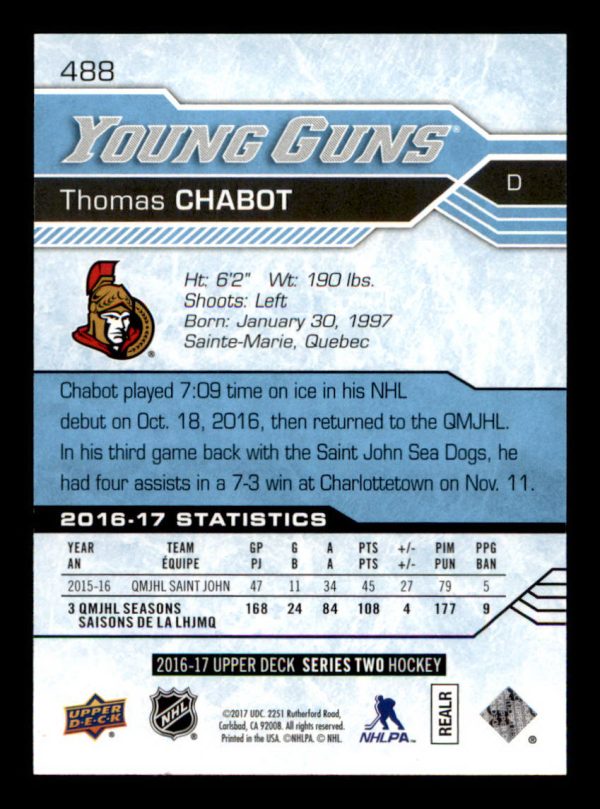 Thomas Chabot Senators UD 2016-17 Young Guns Rookie Card#488